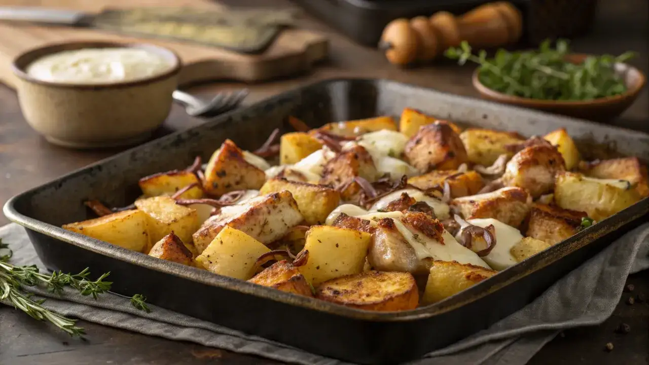 Goldbraune Kartoffeln mit K&auml;se und Zwiebeln aus dem Ofen, garniert mit frischen Kr&auml;utern. Ein k&ouml;stliches Gericht, das Lust auf mehr macht.