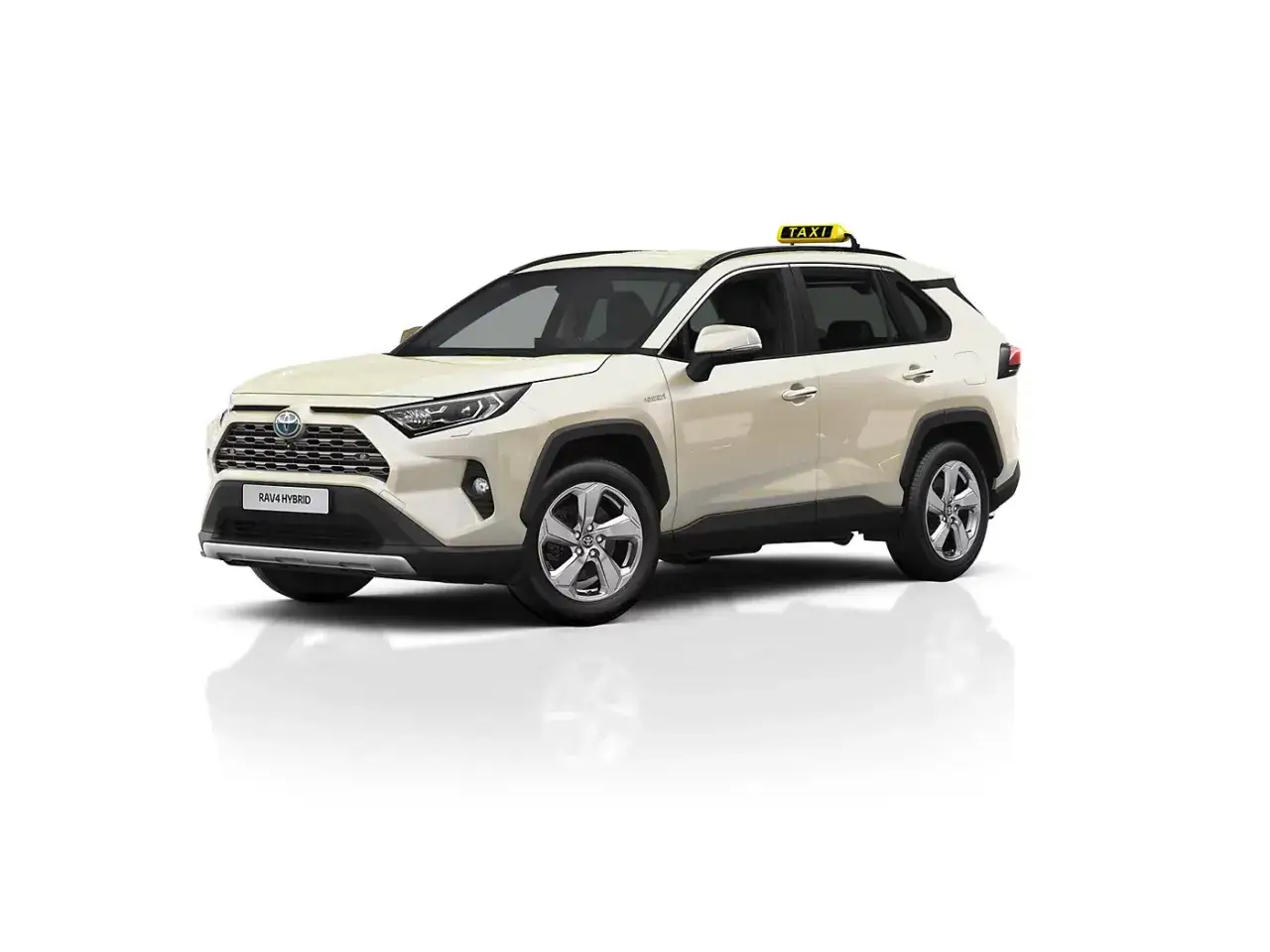 Ein wei&szlig;er Toyota RAV4 Hybrid mit Taxischild auf dem Dach, bereit f&uuml;r eine Taxi Fernfahrt.
