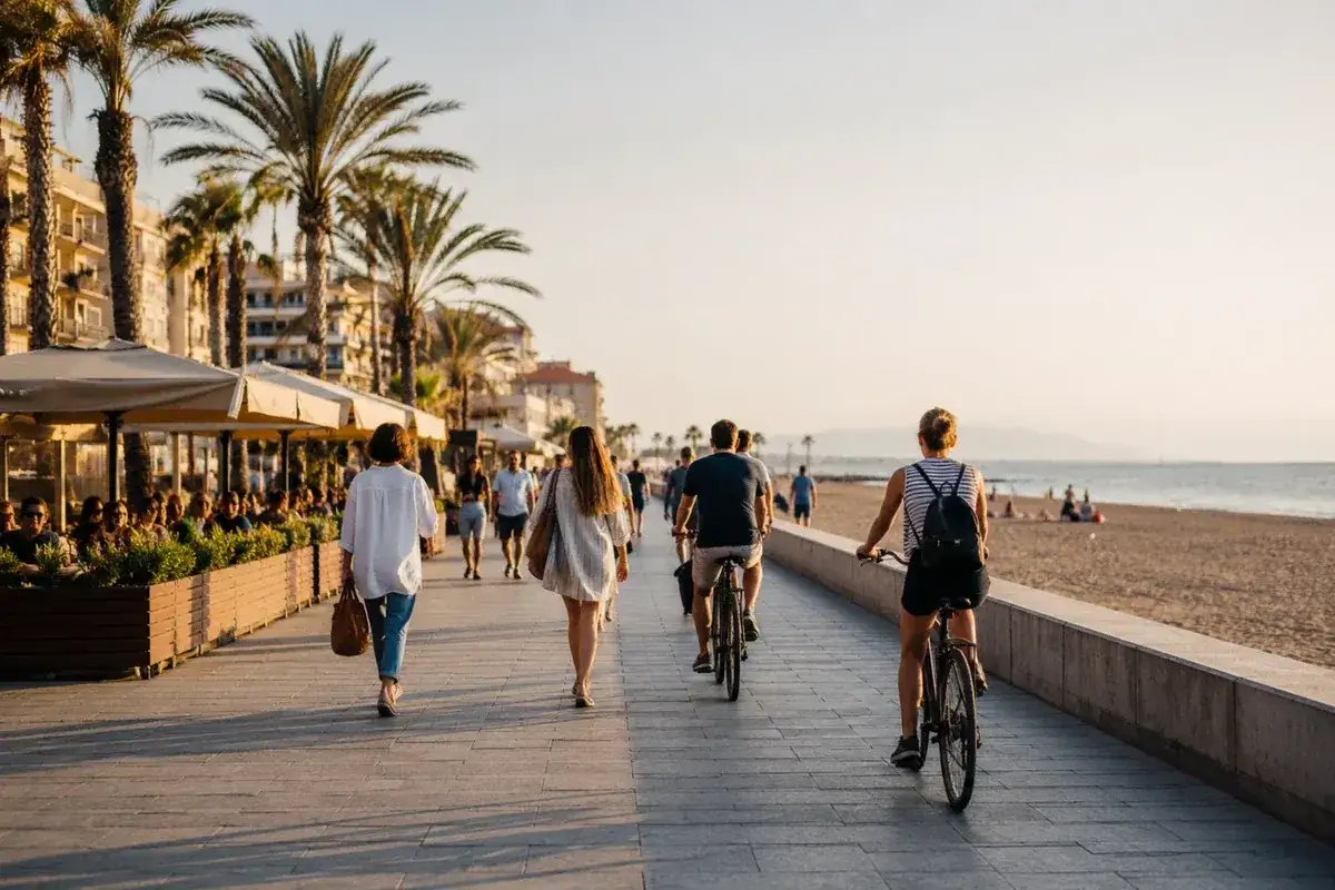 Paseo marítimo de la spiaggia di Valencia con gente caminando y en bicicleta, palmeras y edificios al atardecer.