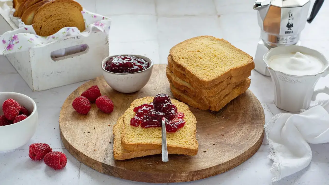 Fette biscottate dorate con marmellata di frutti rossi e lamponi freschi, accompagnate da un caffè macchiato.