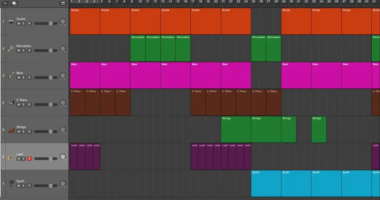 Sekwencer muzyczny z partiami perkusji, basu, pianina, smyczków i syntezatorów. Różne kolory bloków oznaczają instrumenty, tworząc muzyczny hook.