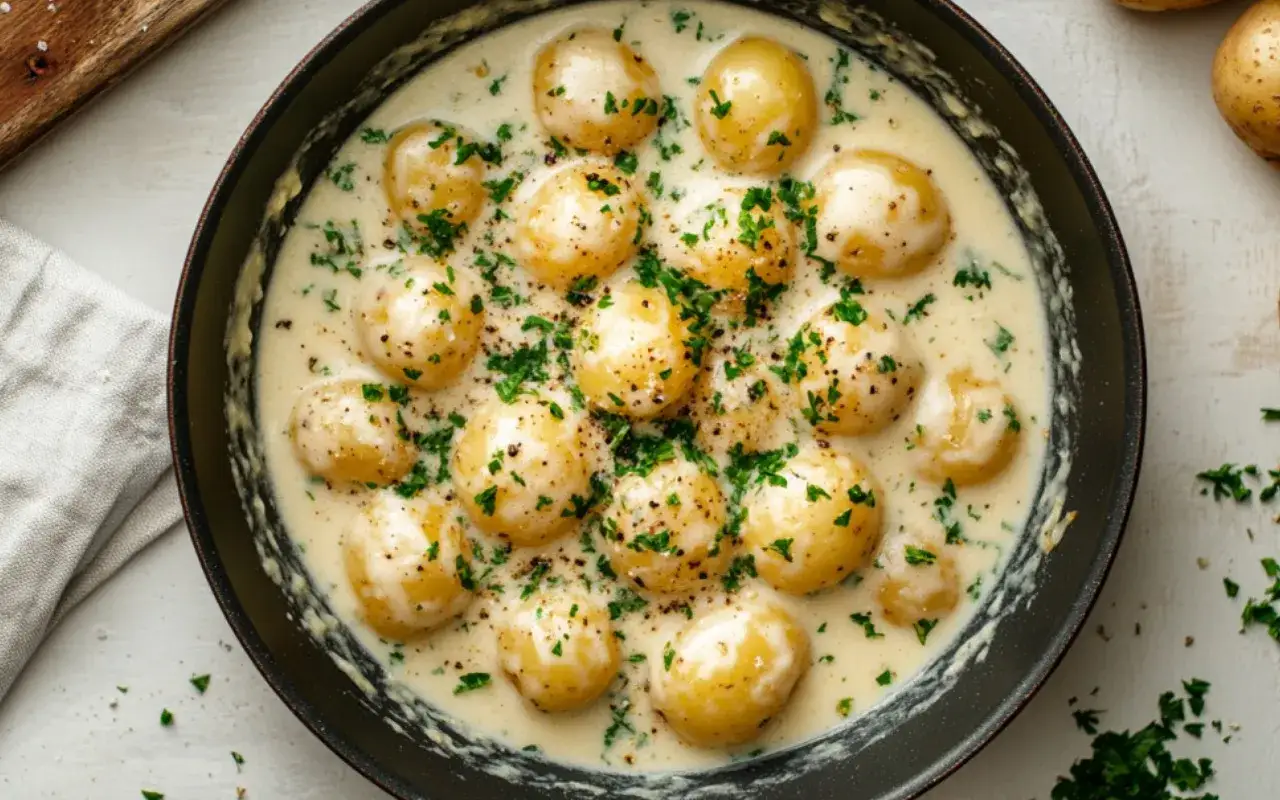 Kleine, goldbraune Kartoffeln werden in einer cremigen Sauce mit Petersilie serviert. Ein köstliches Gericht, das zeigt, wie einfach und lecker Kartoffeln kochen sein kann.