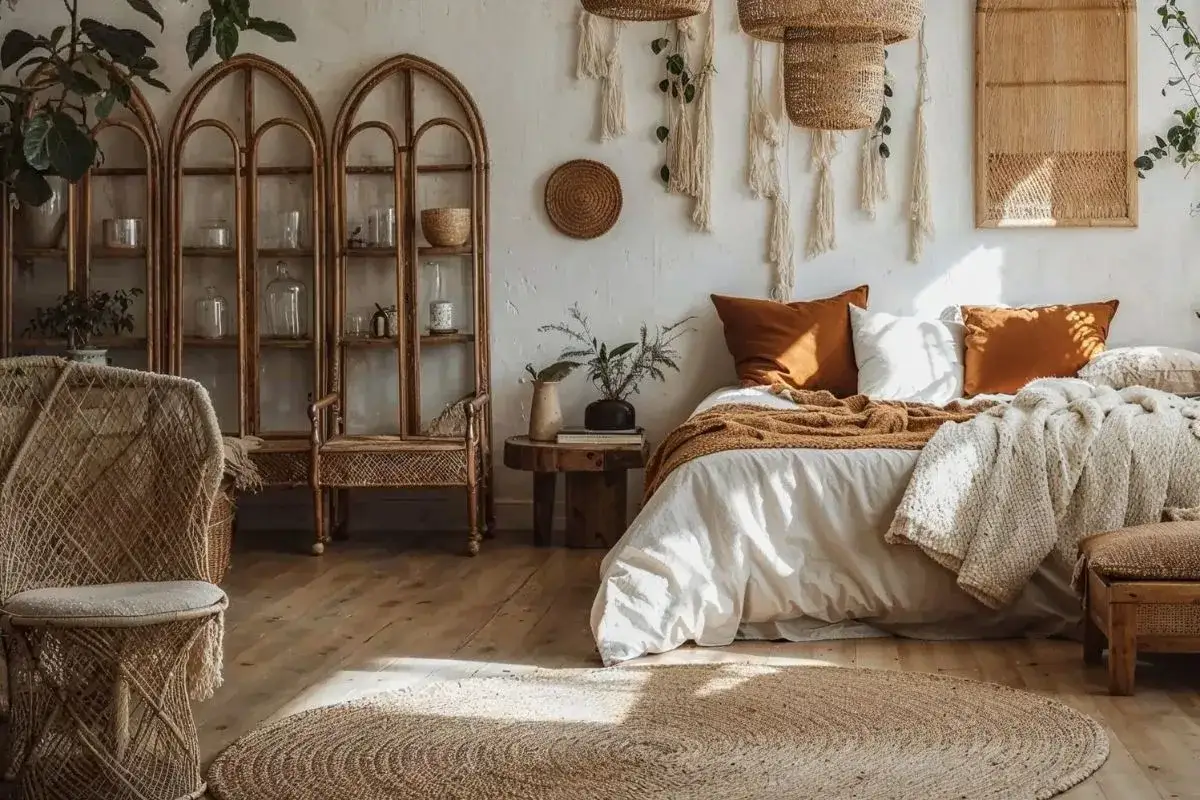 Chambre parentale bohème chic avec lit douillet, étagères en rotin, fauteuil tressé et tapis rond. Ambiance chaleureuse et naturelle.