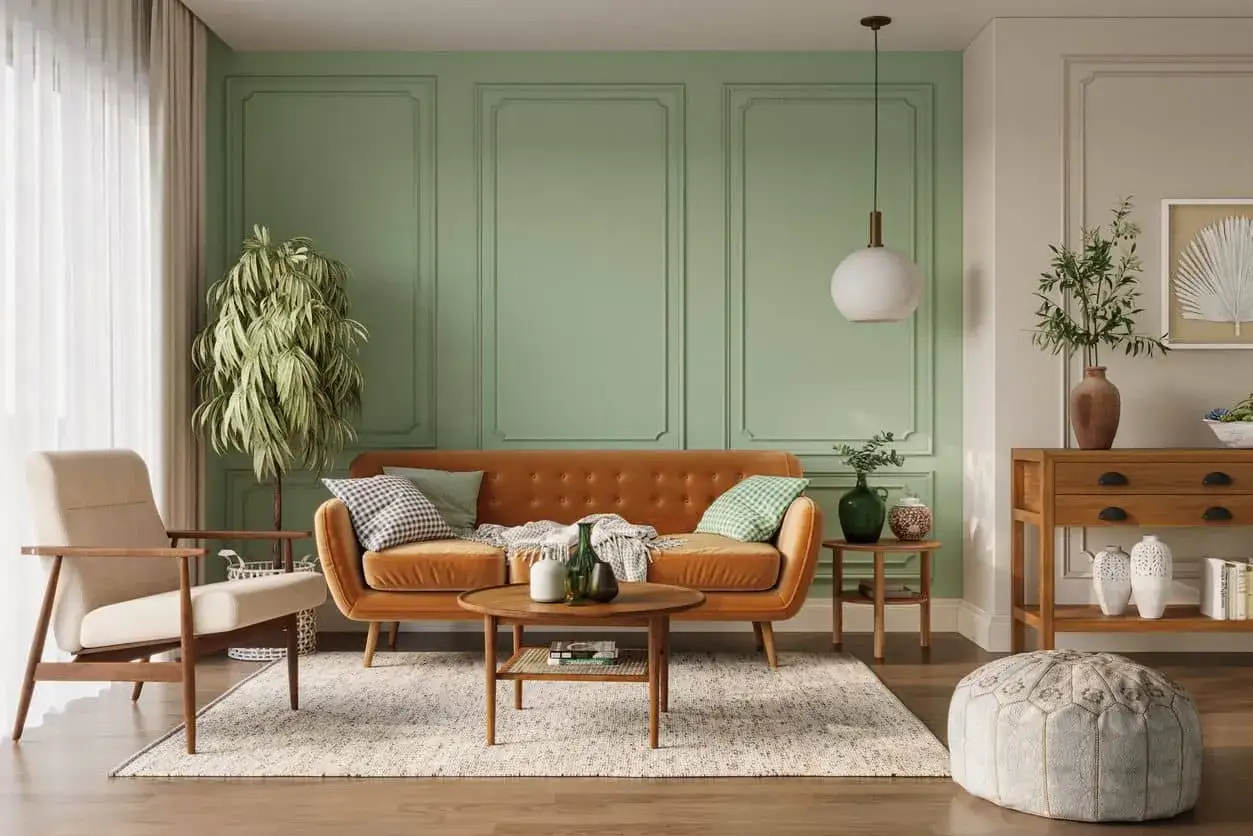Un salon cosy avec un canap&eacute; orange vif, une plante luxuriante et un mur vert pastel. Le orange est une couleur qui va avec le vert fonc&eacute;, cr&eacute;ant une ambiance chaleureuse.