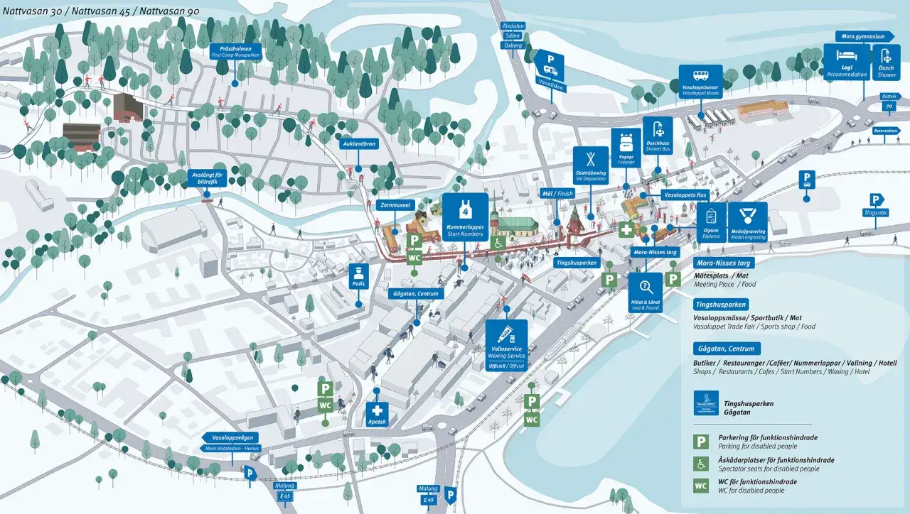 Karta &ouml;ver vasaloppssp&aring;ret med sev&auml;rdheter, parkering och service.