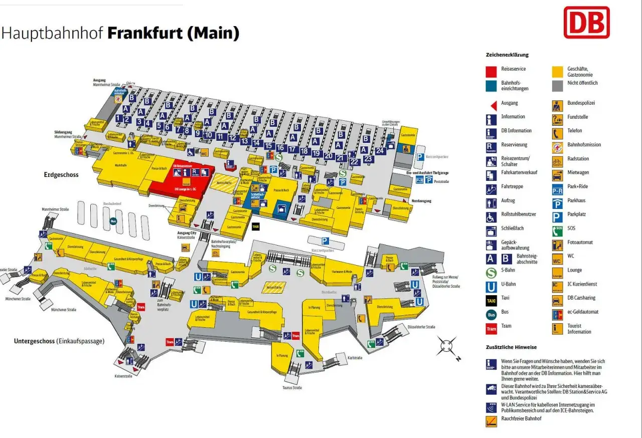 Plan Hauptbahnhof Frankfurt (Main) z zaznaczonymi peronami, sklepami, gastronomią i punktami informacyjnymi.