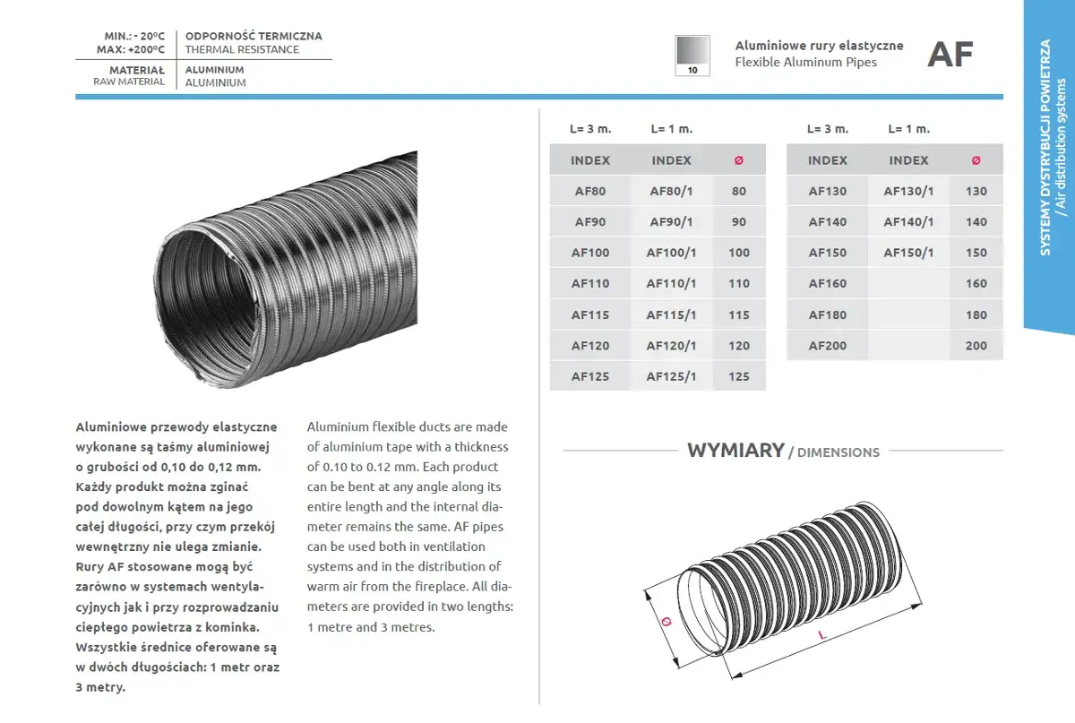 Elastyczny przewód aluminiowy AF, idealny do systemów wentylacyjnych i dystrybucji ciepłego powietrza. Dostępny w różnych średnicach, np. dn200.