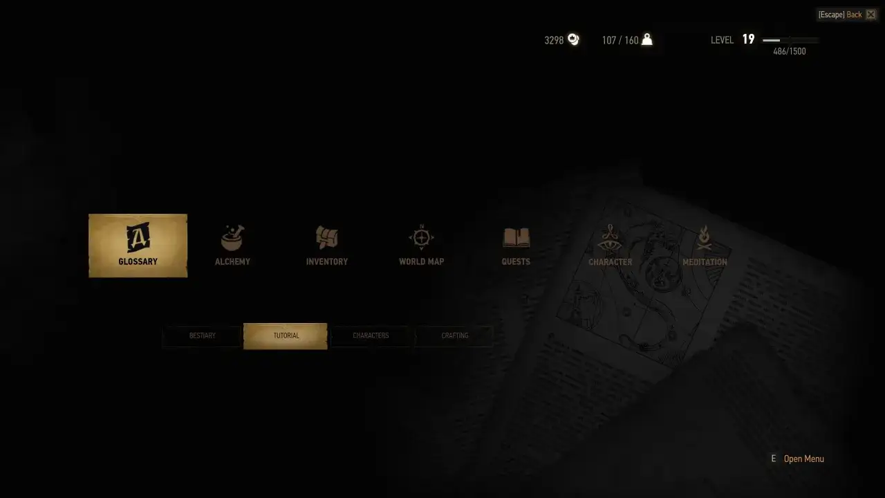 Menu gry Wiedźmin 3, widoczne opcje to: Słownik, Alchemia, Ekwipunek, Mapa, Zadania, Postać, Medytacja, Bestiariusz, Samouczek, Postacie, Rzemiosło.