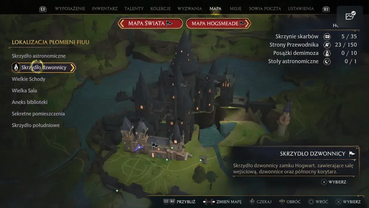 Mapa zamku Hogwart w grze Hogwarts Legacy, z zaznaczonym Skrzydłem Dzwonniczym. Polski dubbing.