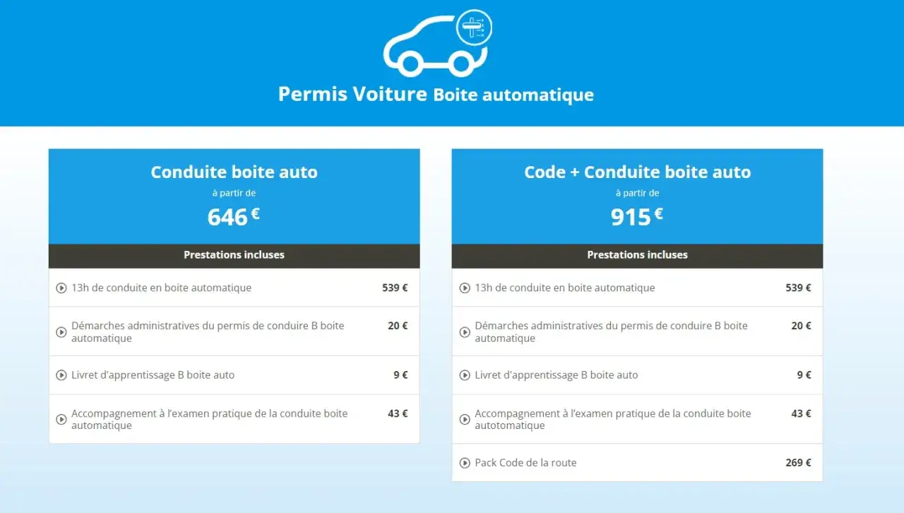 Offre permis bo&icirc;te auto : 13h de conduite, d&eacute;marches administratives, livret d'apprentissage et accompagnement examen pratique. Passerelle permis manuel incluse.
