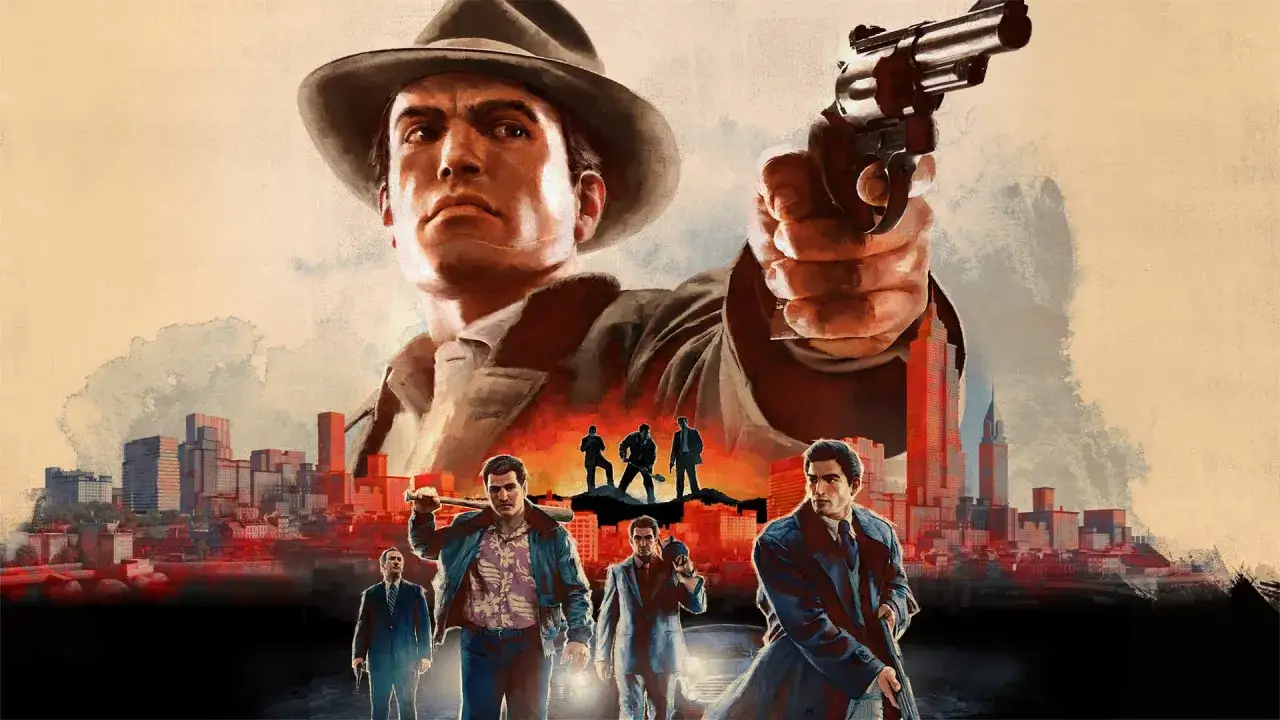 Mafia 2 poradnik: mężczyźni w kapeluszach i garniturach z bronią na tle miasta.