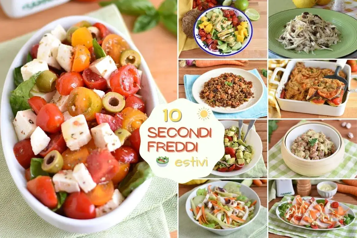 Collage di 10 secondi freddi estivi: insalate colorate, caprese, lenticchie, pollo e altro ancora, perfetti per l'estate.