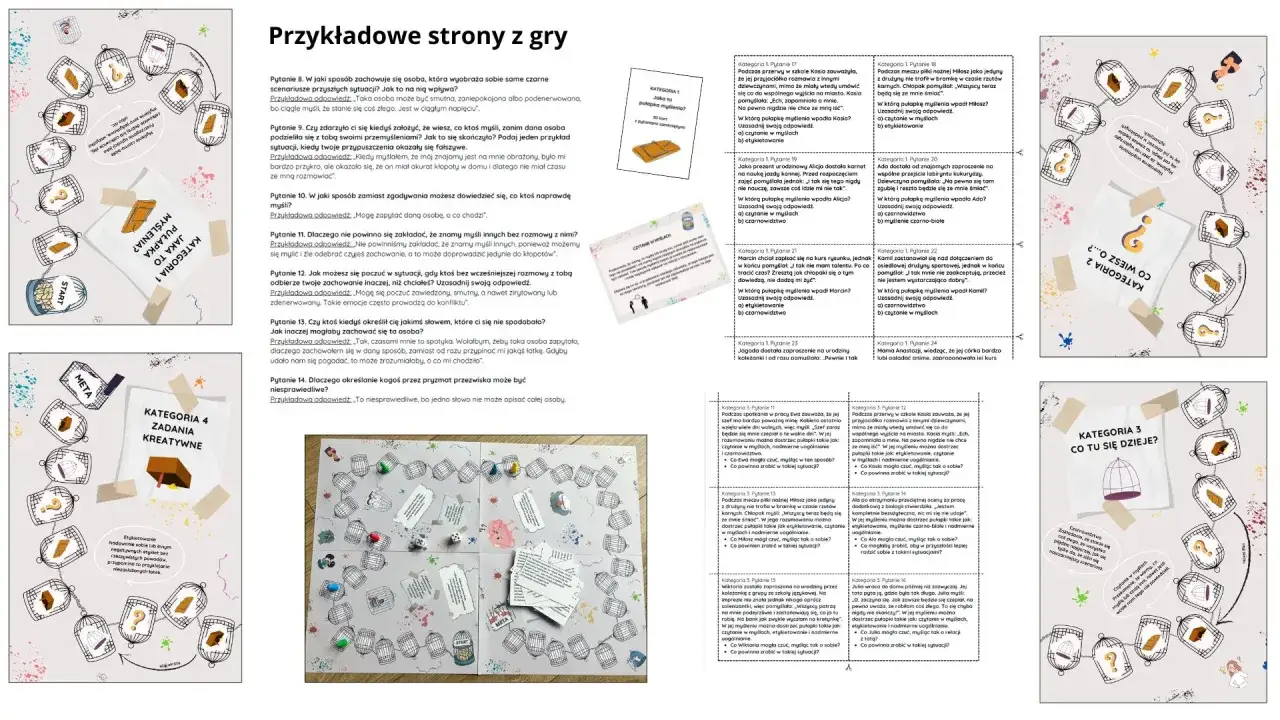 Gra planszowa z pytaniami o zniekształcenia poznawcze. Gracze odpowiadają na pytania, by zrozumieć pułapki myślenia.