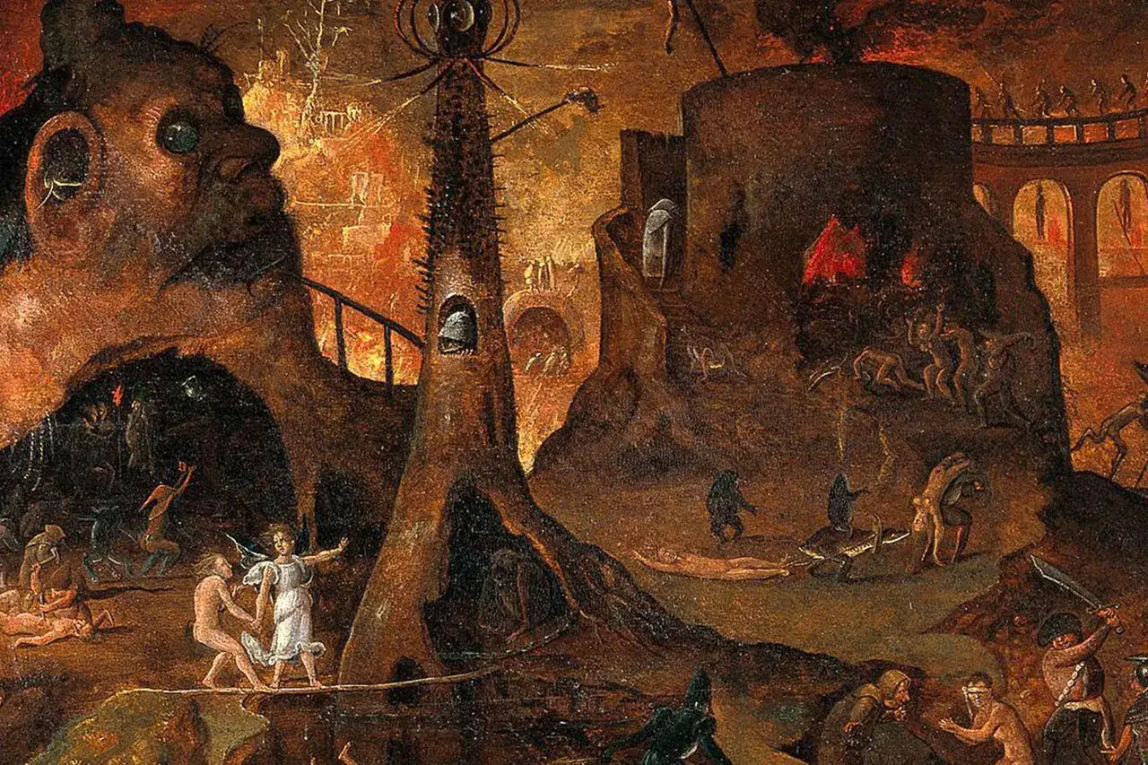 En skrämmande vision av muslimsk helveteseld med plågade själar och demoniska varelser i en brinnande, mörk värld.