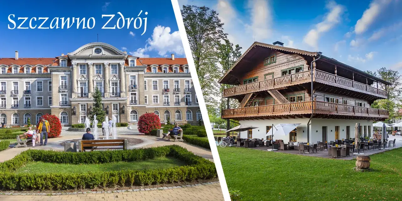 Szczawno Zdrój sanatorium: elegancki budynek i drewniany pensjonat z tarasem, otoczone zielenią i fontanną.