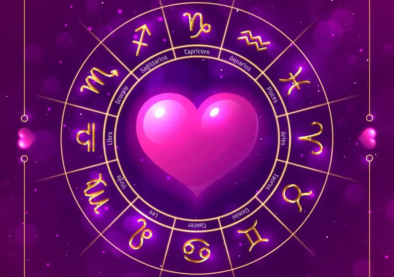 Złoty horoskop dla samotnych panien, z sercem w centrum i znakami zodiaku.