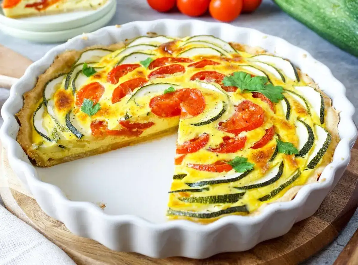 Eine k&ouml;stliche Zucchini-Quiche mit Tomaten und frischer Petersilie, in einer wei&szlig;en Quicheform serviert.