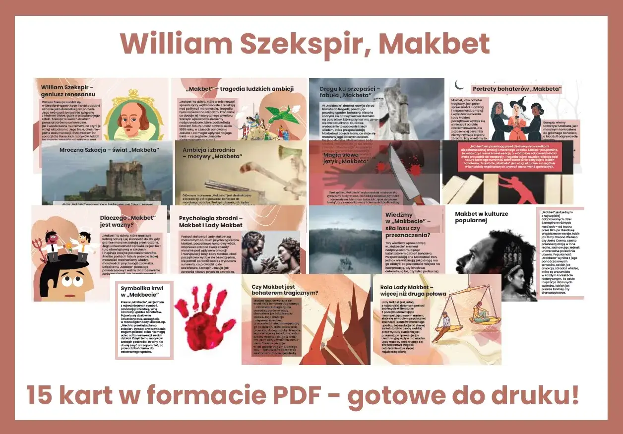 William Szekspir, Makbet – streszczenie krótkie. Tragedia o ambicji, zbrodni i sile losu. 15 kart PDF.