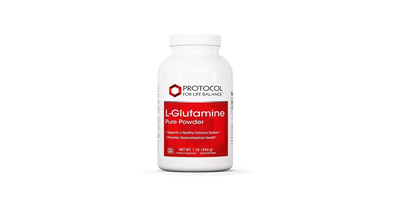 En burk med L-Glutamin pulver. L&auml;s om l-glutamin biverkningar och dess f&ouml;rdelar f&ouml;r immunf&ouml;rsvar och magh&auml;lsa.