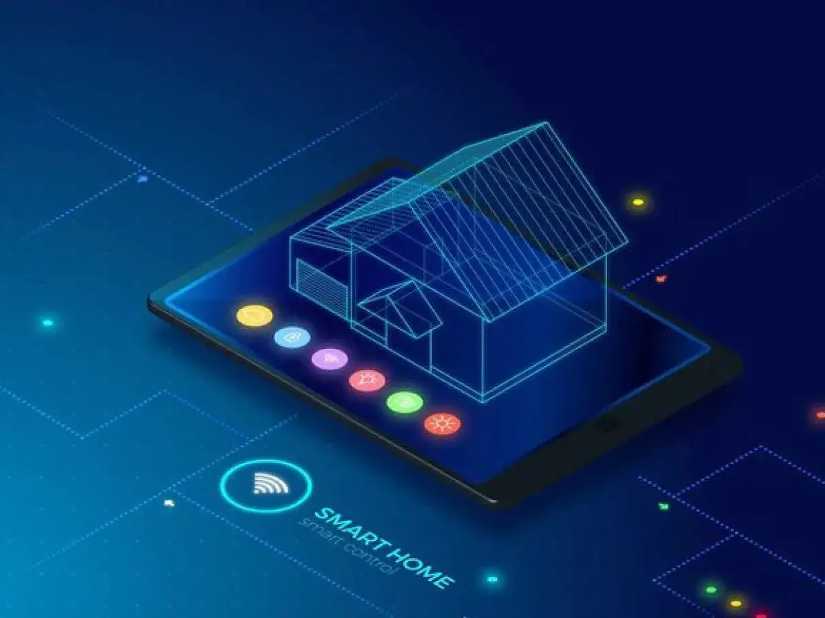 Interfejs tabletu z projekcją domu i ikonami sterowania. Wizualizacja instalacji inteligentnego domu.