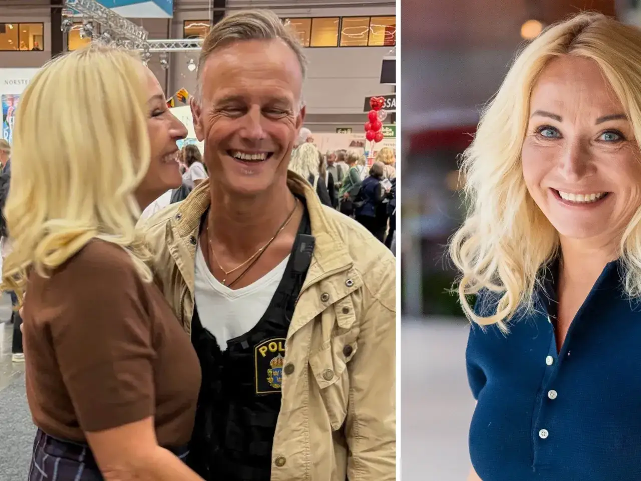 Martina Haag och hennes partner ler glatt. Han bär en jacka över en väst med polisbricka.