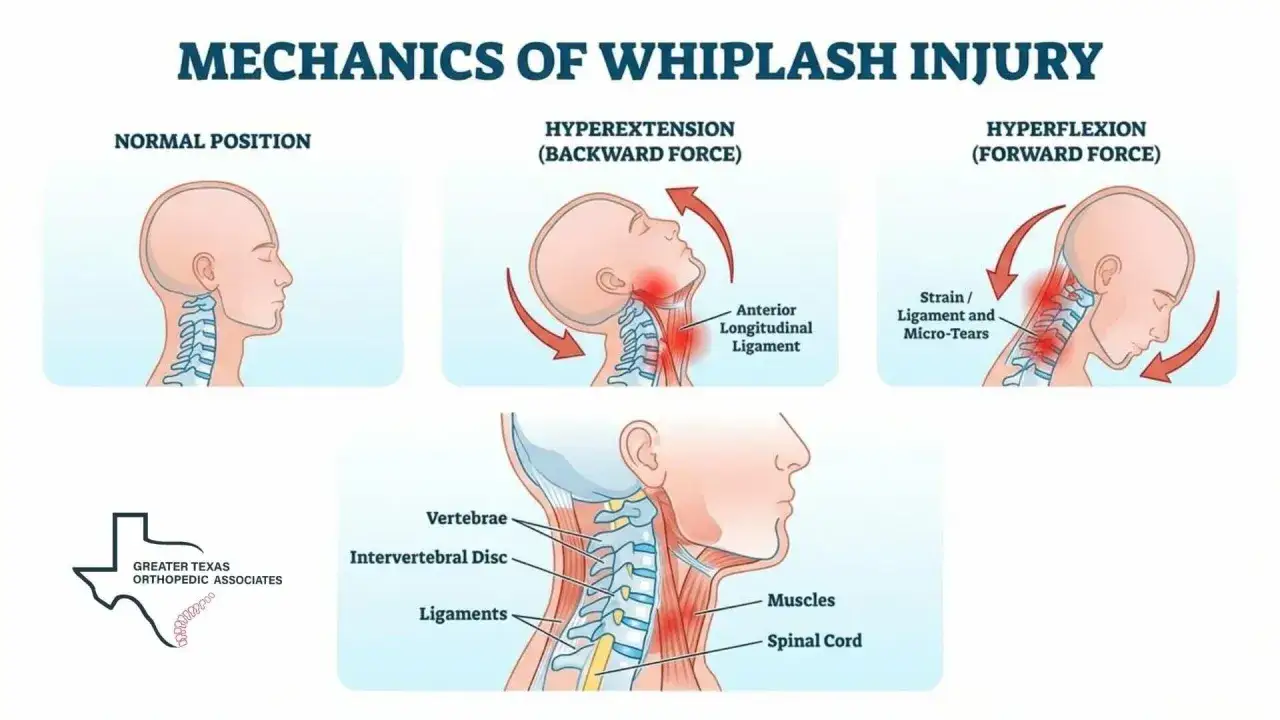 Ilustracja pokazuje mechanikę urazu typu whiplash po polsku: normalną pozycję szyi, jej przeprost (siła do tyłu) i zgięcie (siła do przodu), z zaznaczonymi uszkodzeniami więzadeł i mięśni.