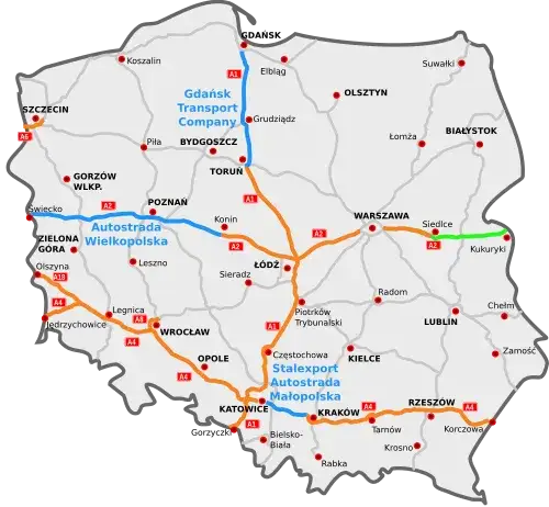 Mapa płatnych autostrad Polska z oznaczeniem zarządców