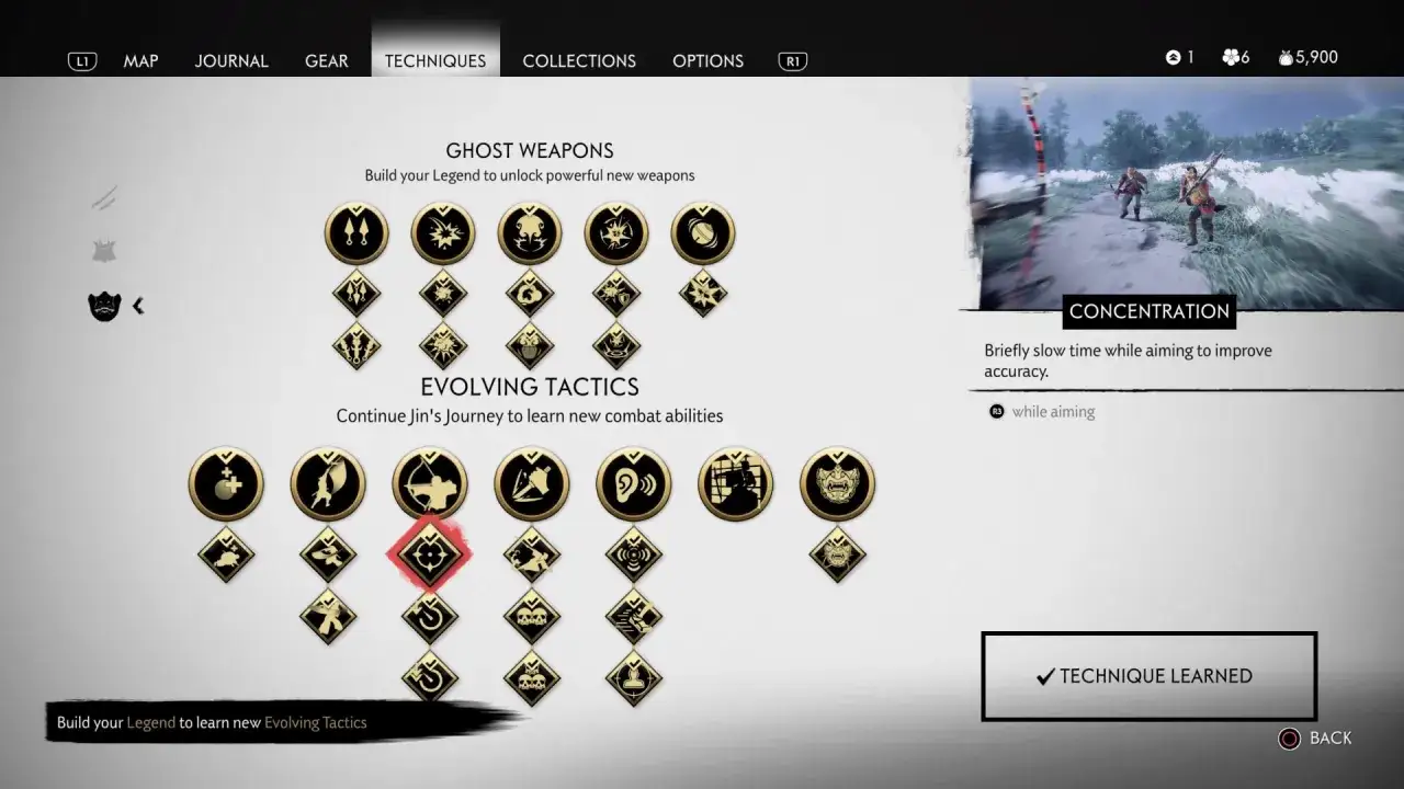 Menú de técnicas de Ghost of Tsushima. Jin aprende 
