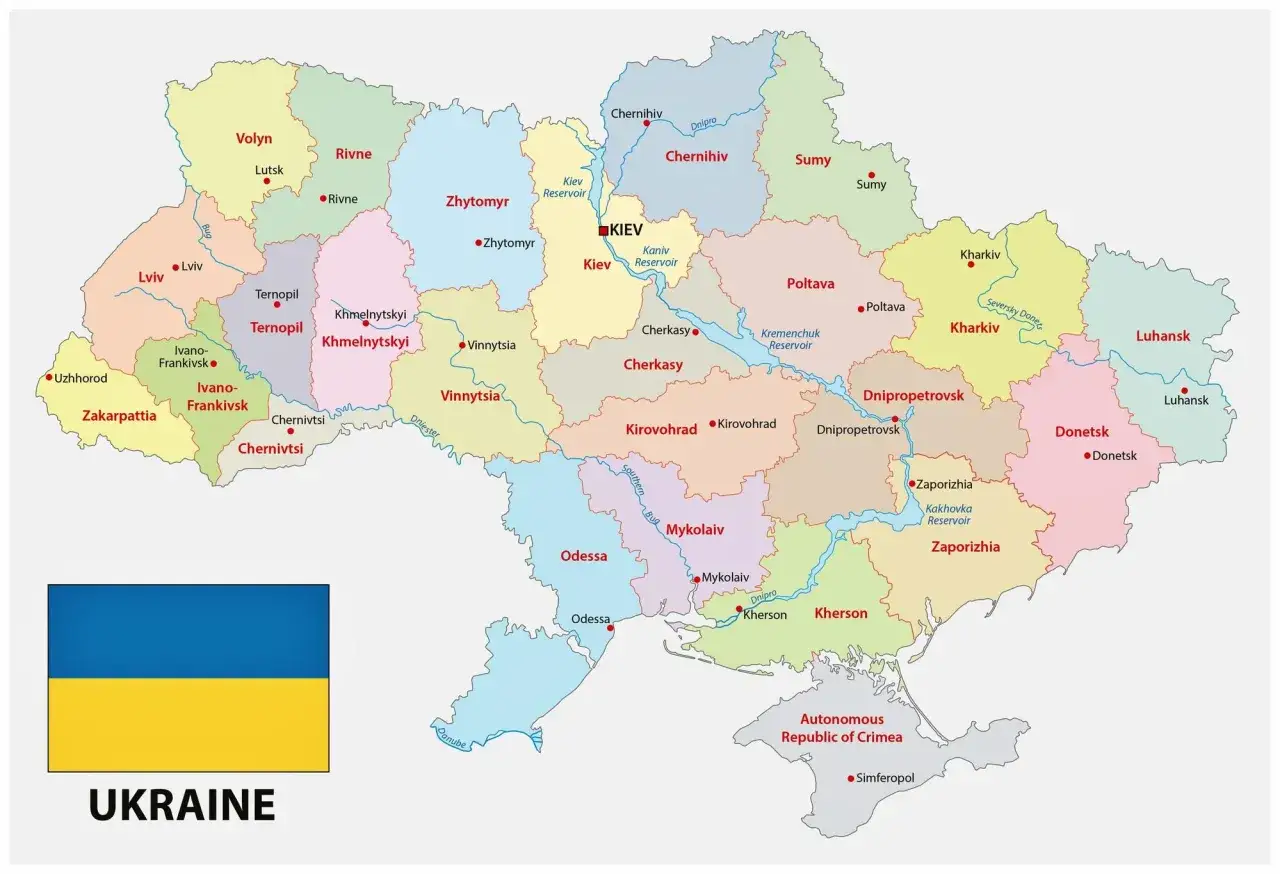 Mapa Ukrainy z podziałem na regiony bezpieczne i ryzykowne dla inwestycji