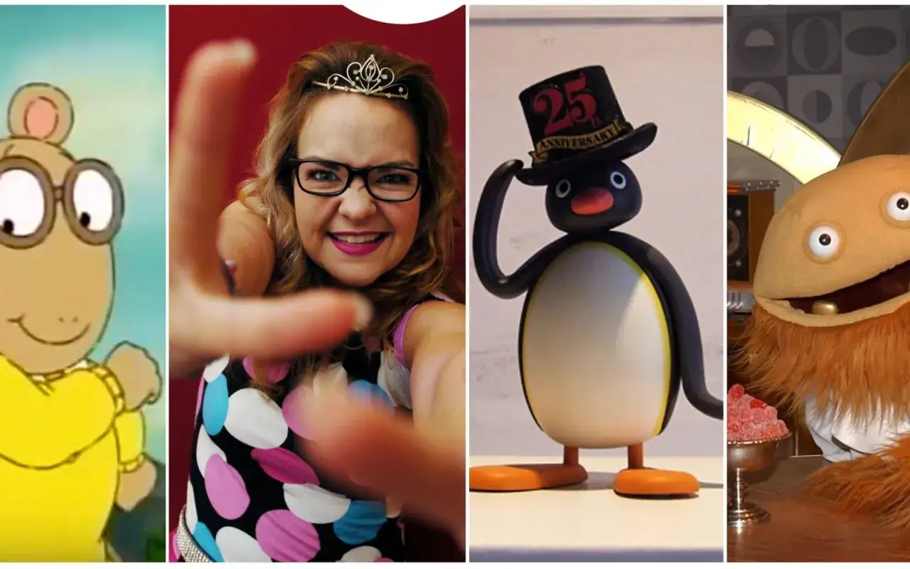 Arthur, en tjej med tiara, Pingu och en docka. En collage av svenska barnfilmer fr&aring;n 2000-talet.