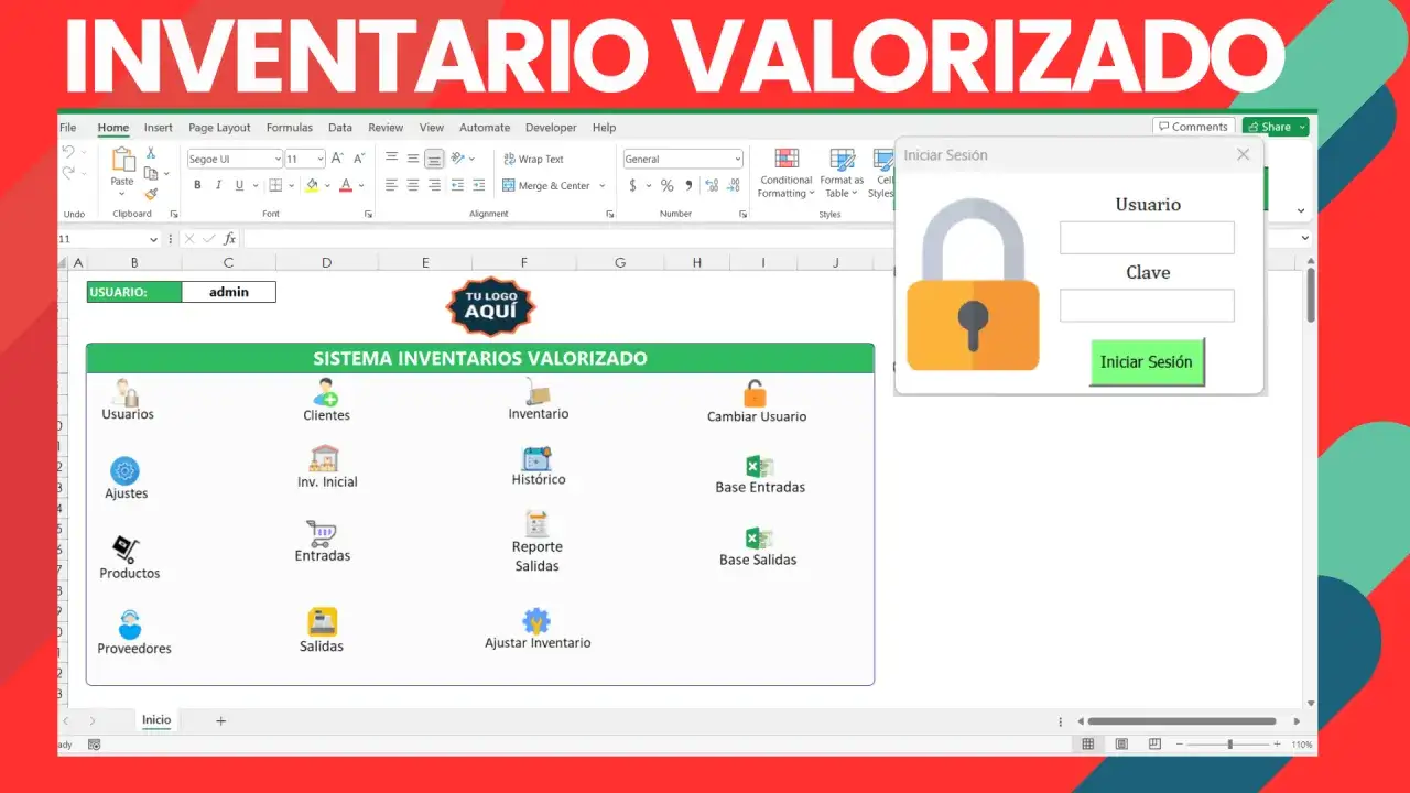 Interfaz de un sistema de inventario valorizado en Excel, con opciones para usuarios, clientes, inventario, etc. El 