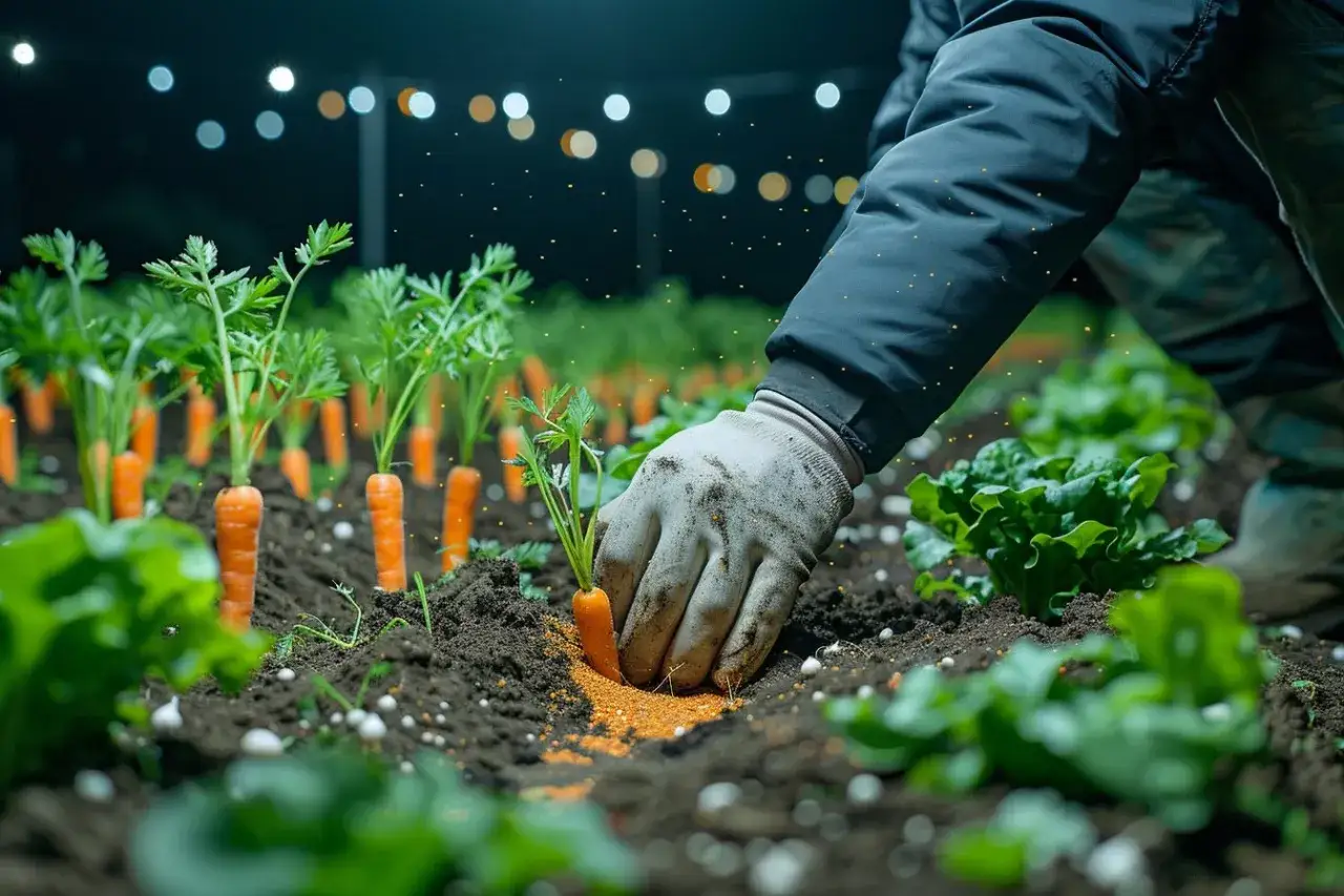 Main d'un jardinier en gant, plantant une carotte dans la terre. Des rang&eacute;es de carottes et de laitues poussent sous un ciel nocturne &eacute;clair&eacute; par des lumi&egrave;res. C'est le moment id&eacute;al pour savoir quand semer les carottes d'hiver.