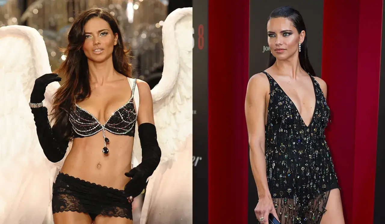 Adriana Lima en 2000, deslumbrante como &aacute;ngel de Victoria's Secret, y a&ntilde;os despu&eacute;s, elegante en un evento.