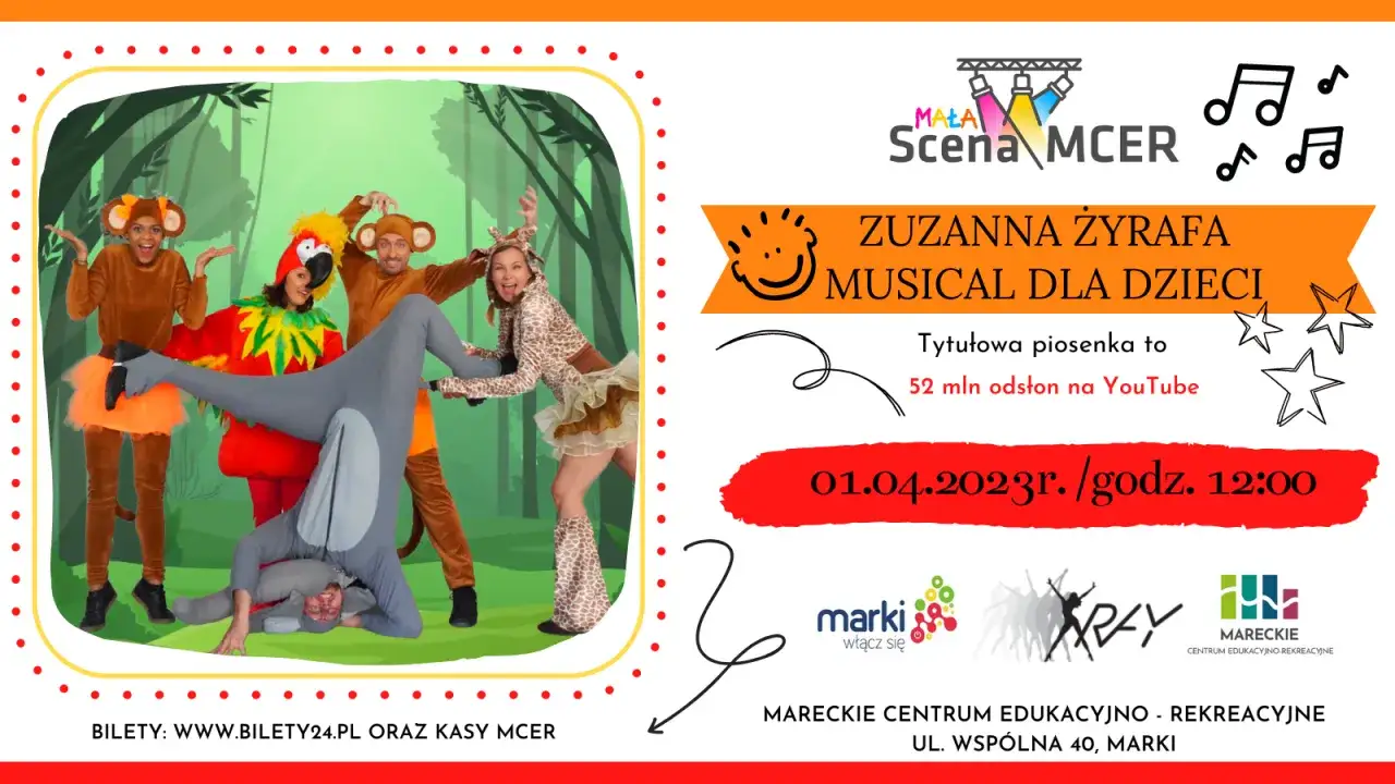 Zuzanna Żyrafa - musical dla dzieci. Wesoły spektakl z aktorami w kostiumach zwierząt.