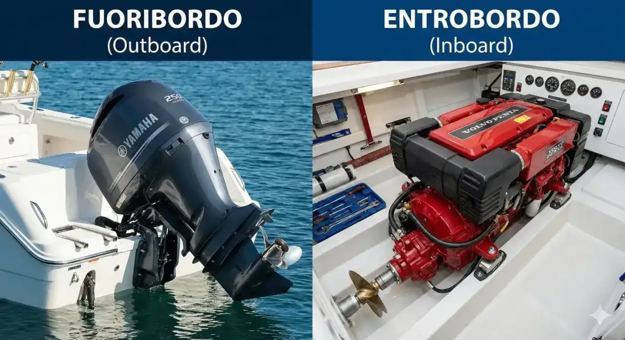 Confronto tra motori marini: un fuoribordo Yamaha e un entrobordo Volvo Penta.
