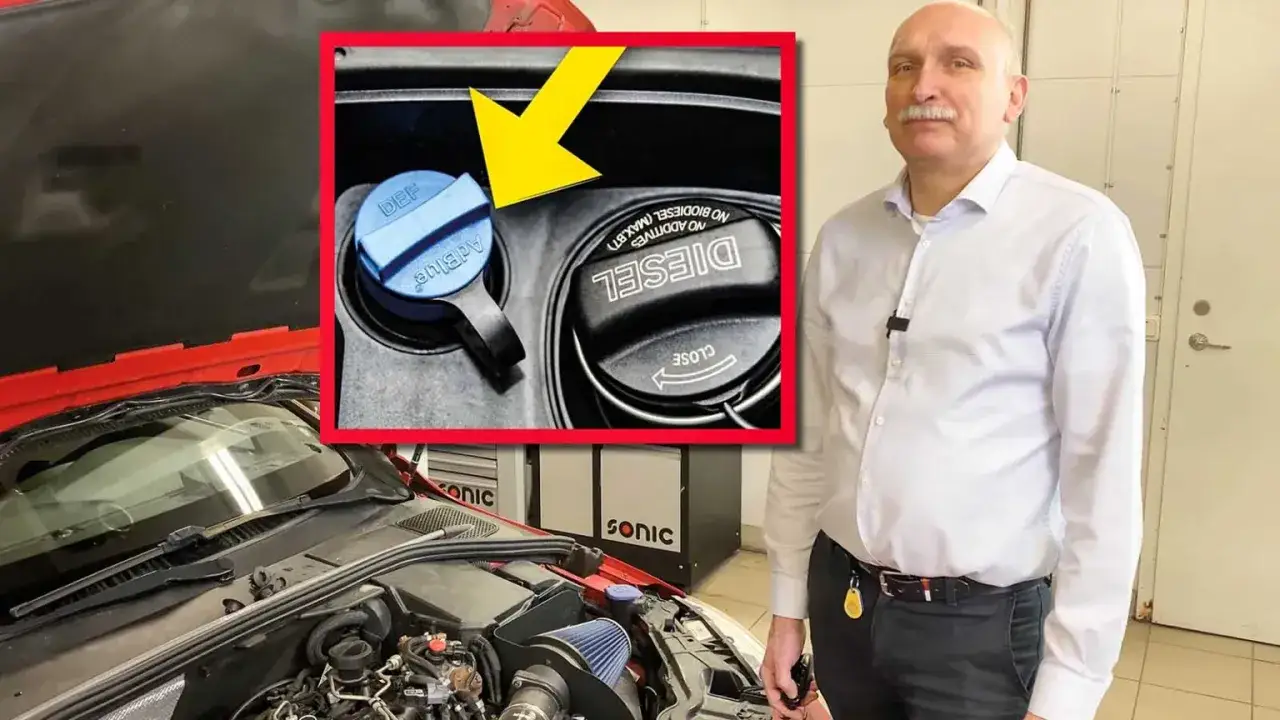 Man visar AdBlue-p&aring;fyllning f&ouml;r att uppfylla euro 6 krav. Dieselp&aring;fyllning bredvid.