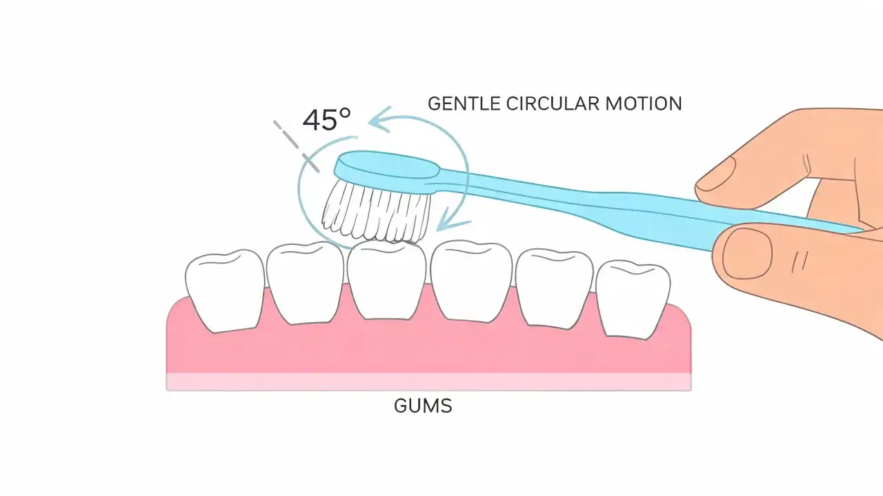 Mano che spazzola i denti con movimento circolare delicato a 45 gradi. Per un sorriso perfetto, dedicare 10 minuti a lavarsi i denti.