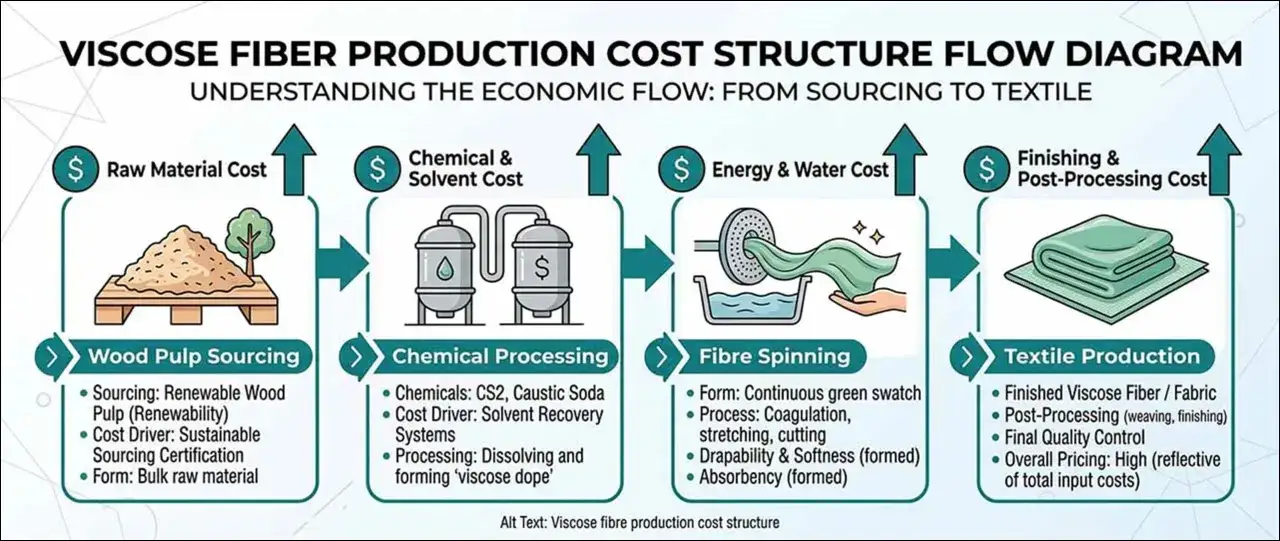Flussdiagramm der Viskoseherstellung: Holzpulpe, chemische Verarbeitung, Spinnen und Textilproduktion.