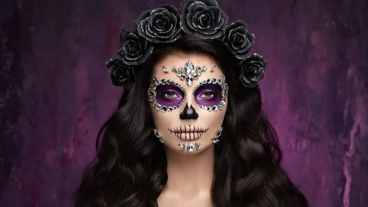 Mujer con un elaborado maquillaje de halloween de catrina, adornada con pedrería y una corona de rosas negras.