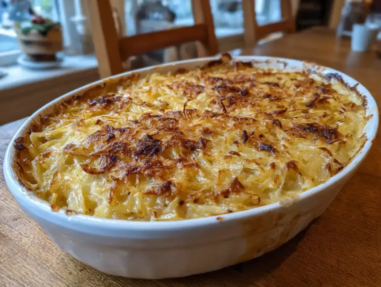 En gyllene Janssons frestelse i en vit ugnsform, redo att serveras. Detta klassiska recept är en favorit.