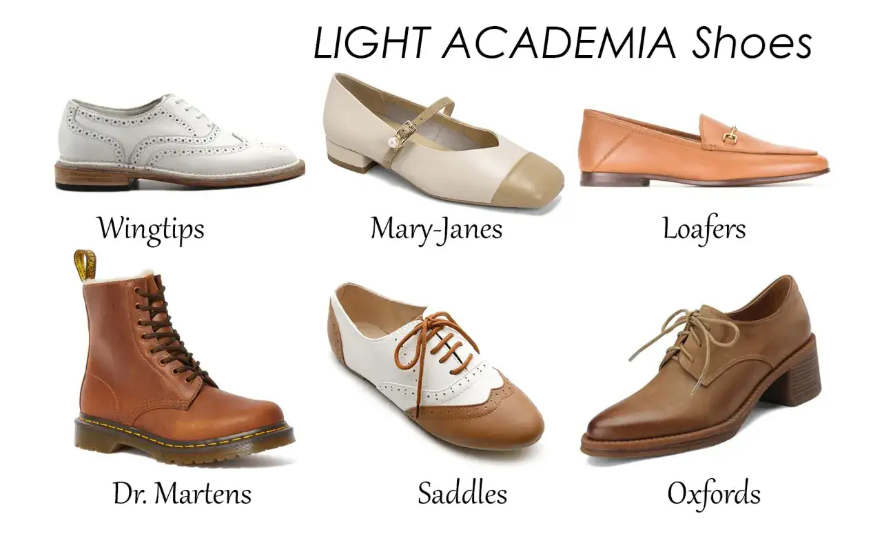Kolekcja butów w stylu light academia: wingtips, Mary-Janes, loafersy, Dr. Martens, sedle i oksfordy.