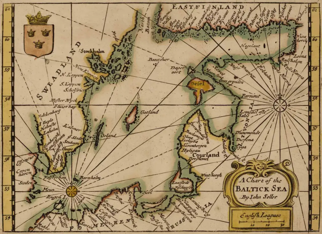 Mapa Bałtyku z zaznaczonymi terenami Prus, Szwecji i Finlandii. Widoczne miasta jak Sztokholm, Rewel, Ryga.