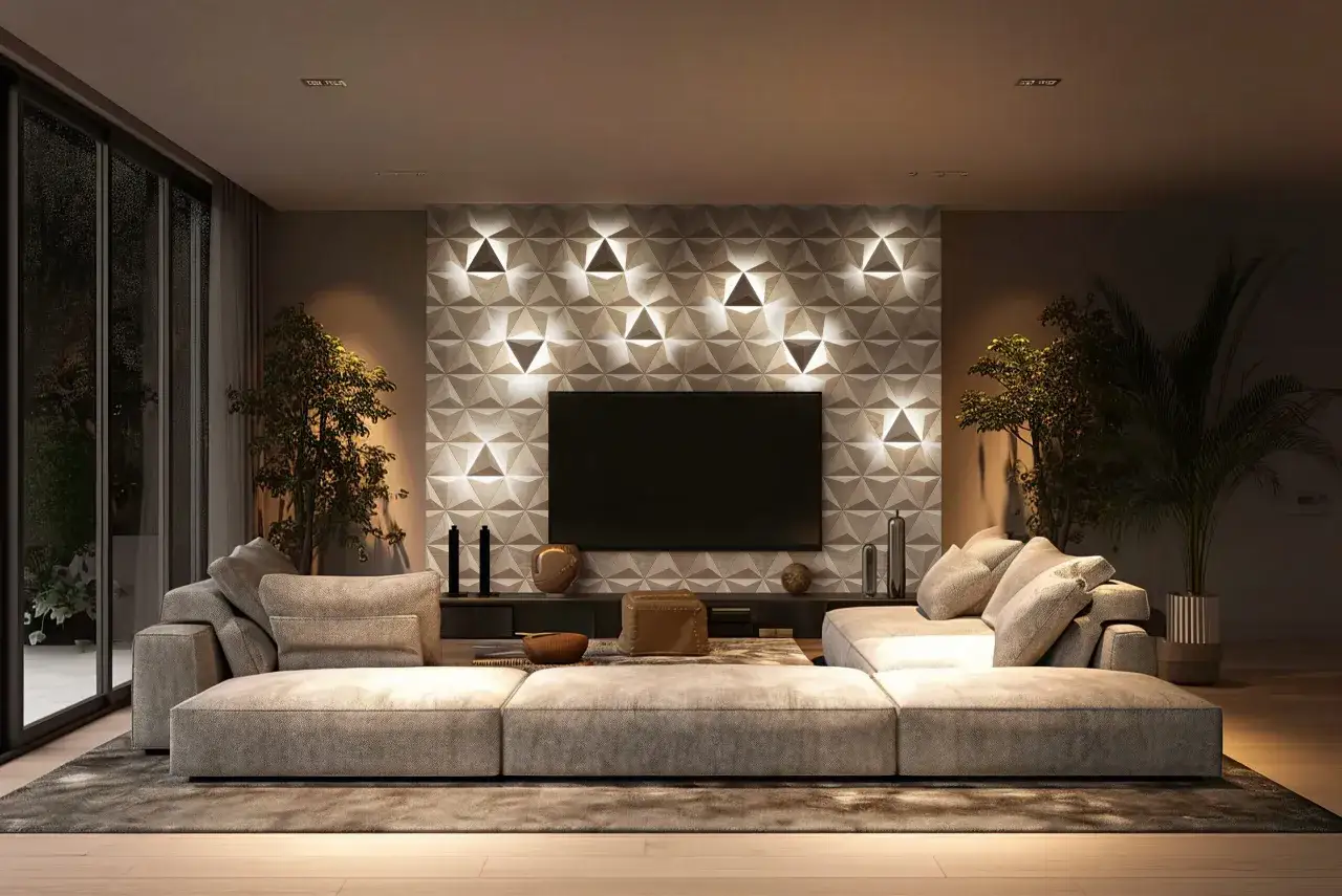 Nowoczesny salon z geometryczną ścianą i oświetleniem. Wygodna, szara kanapa zaprasza do relaksu. W tle telewizor i rośliny. Dyskretny plafon ścienny podkreśla elegancję wnętrza.