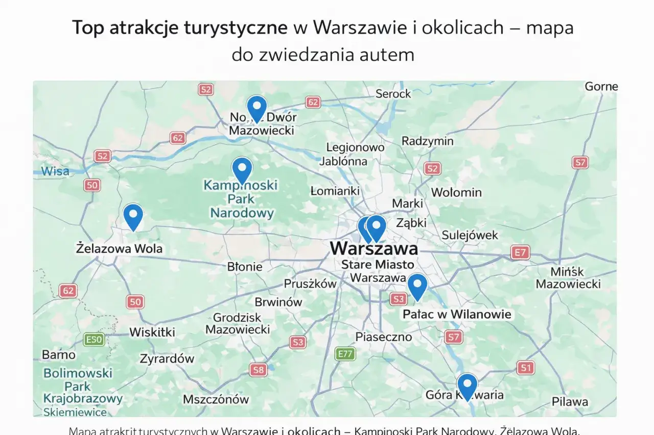 Mapa atrakcji turystycznych w okolicach Warszawy, idealna na weekend z Warszawy. Zaznaczone m.in. Kampinoski Park Narodowy, Żelazowa Wola, Pałac w Wilanowie.
