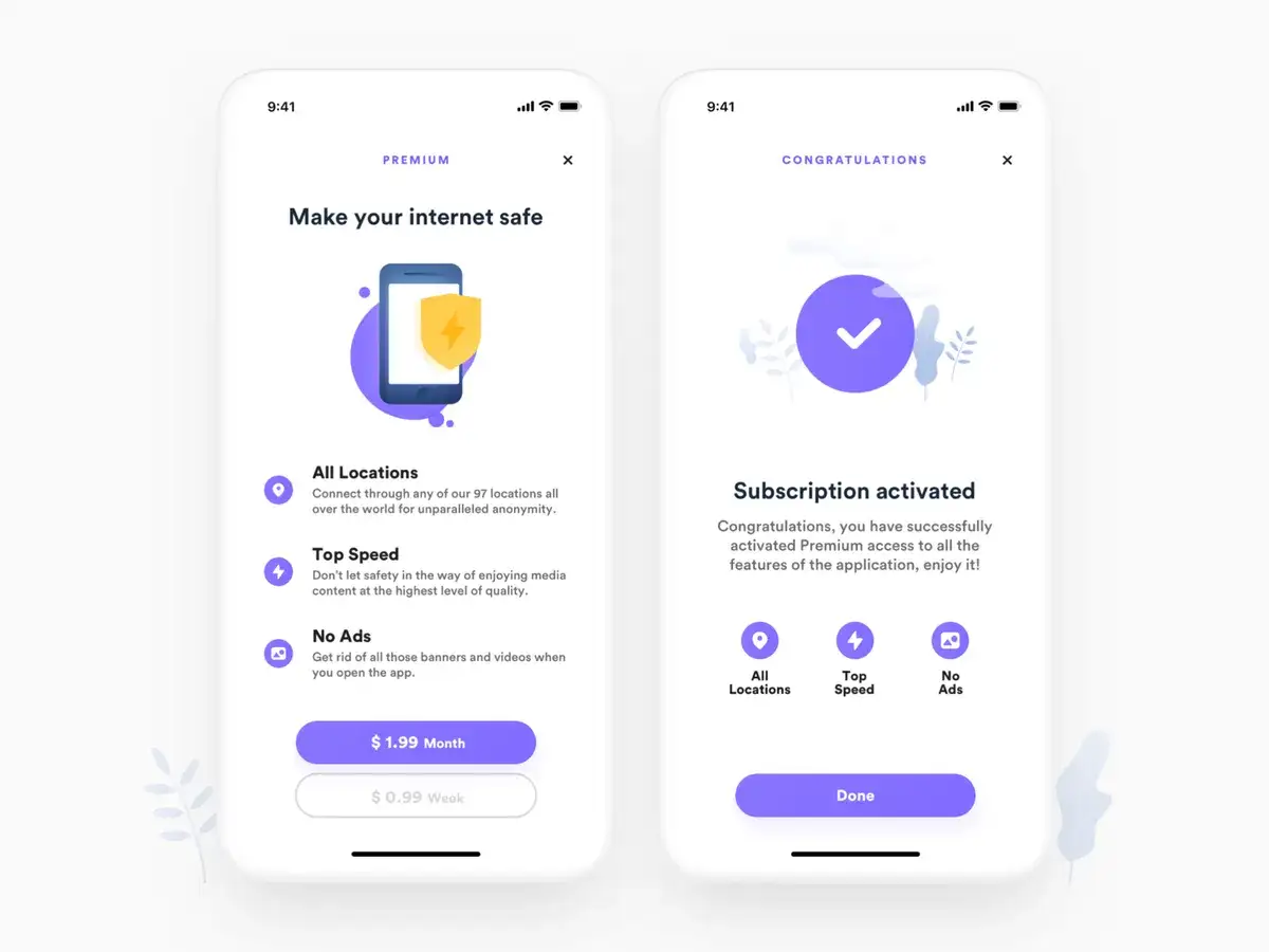Ekran aplikacji VPN. Po lewej: oferta premium z opcjami 