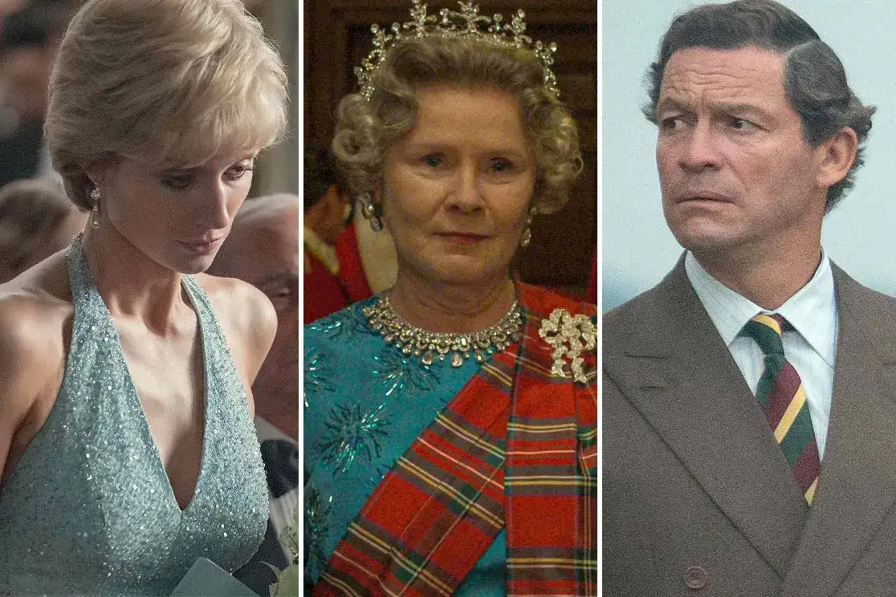 Tre figurer i The Crown: Diana i ljusblå klänning, drottningen i tiara och drottningmodern med tartan.