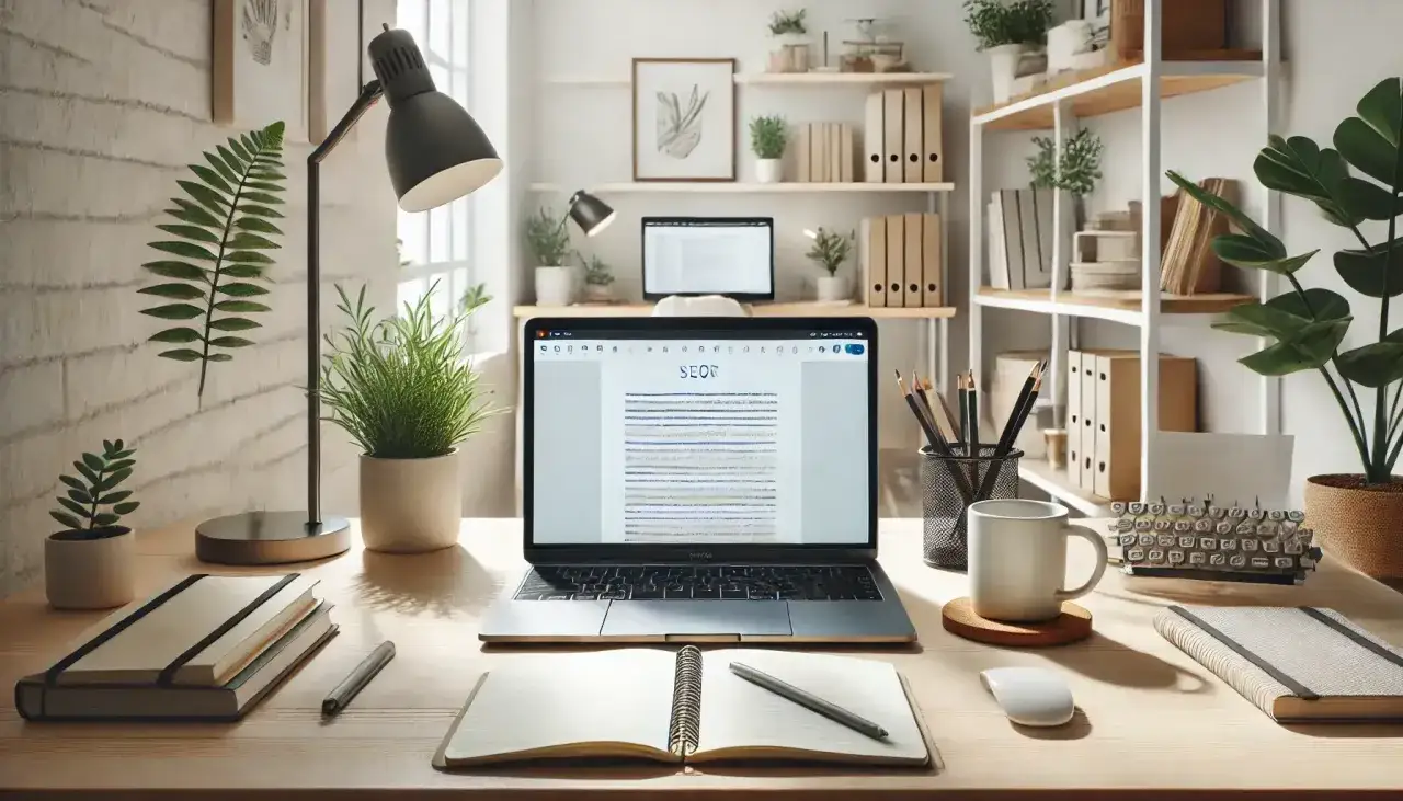 Ein gem&uuml;tlicher Arbeitsplatz f&uuml;r das **studieren von zuhause**. Ein Laptop zeigt eine Seite mit Text, daneben Stifte, eine Tasse und Pflanzen.