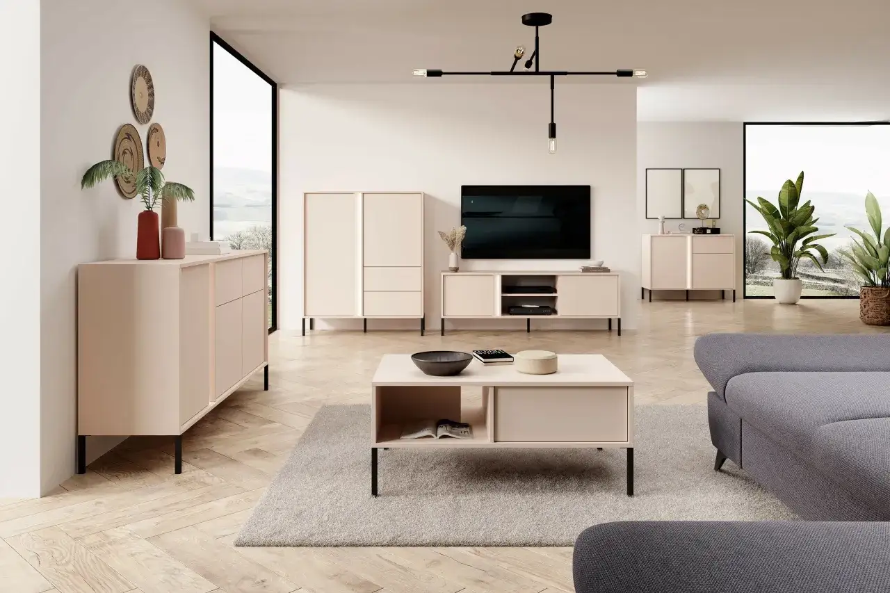 Meble do jasnego salonu sofa stolik kawowy komoda
