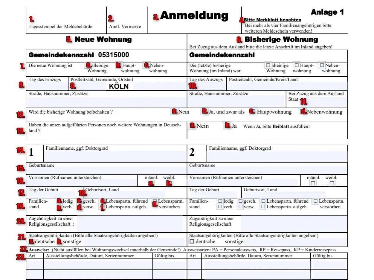 Formular zur Anmeldung einer neuen Wohnung in Köln. Zmiana adresu zameldowania jest kluczowym elementem tego dokumentu.