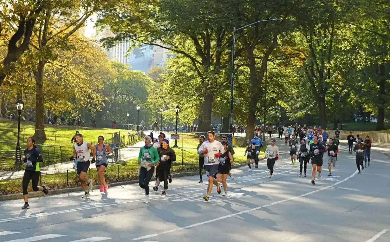 I partecipanti alla maratona di New York corrono lungo un viale alberato in una giornata autunnale, immersi nel verde di Central Park.